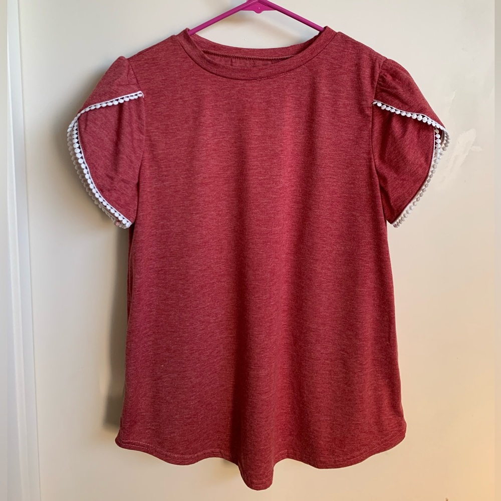 Red top with flowy cap sleeve